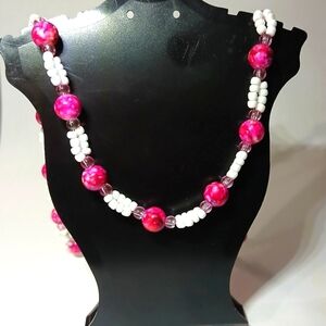 Bold Pink and White Beaded Necklace